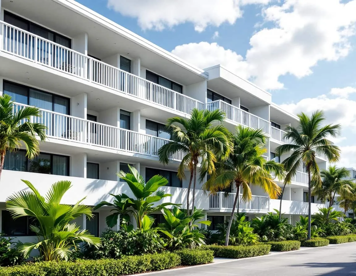 A row of mid-rise South Florida condo and townhome buildings under a bright afternoon sky