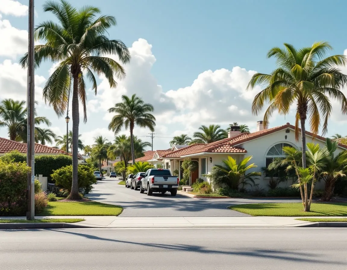 A single-story South Florida ranch home with a paved driveway and tropical landscaping in daylight