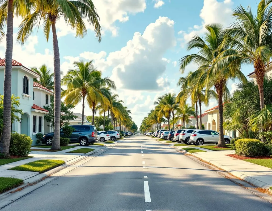A quiet South Florida suburban street lined with single-story homes and palm trees