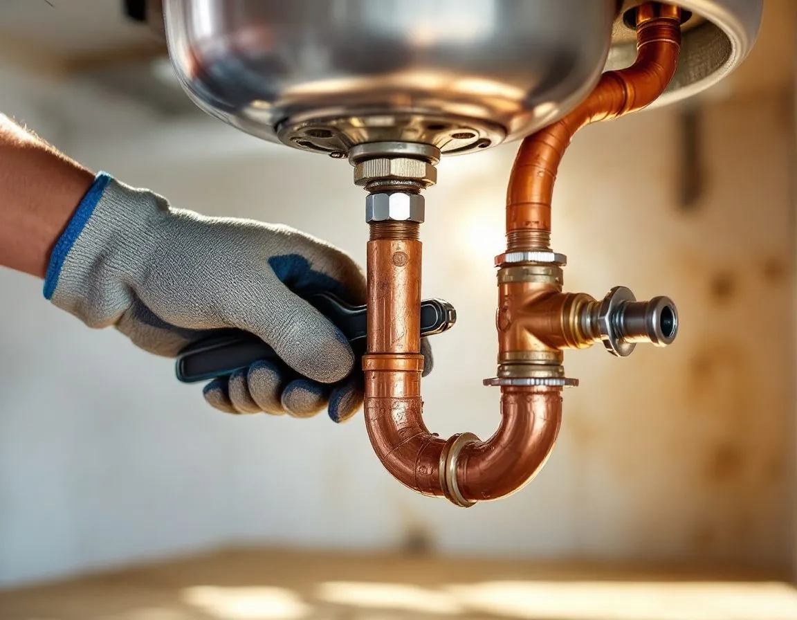 A gloved hand using an adjustable wrench on a copper pipe fitting under a kitchen sink
