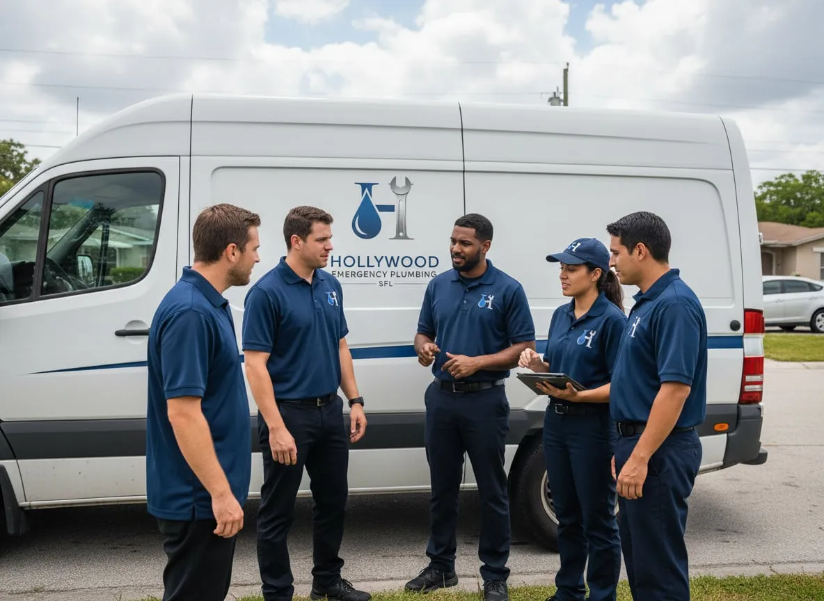 Plumbing technicians in navy uniforms consulting a tablet beside a company service van on a residential street