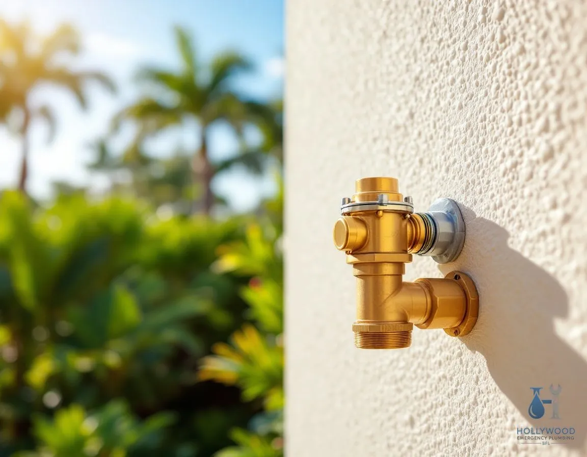 A residential backflow preventer assembly with test cocks mounted on an exterior wall, tropical landscaping in the background