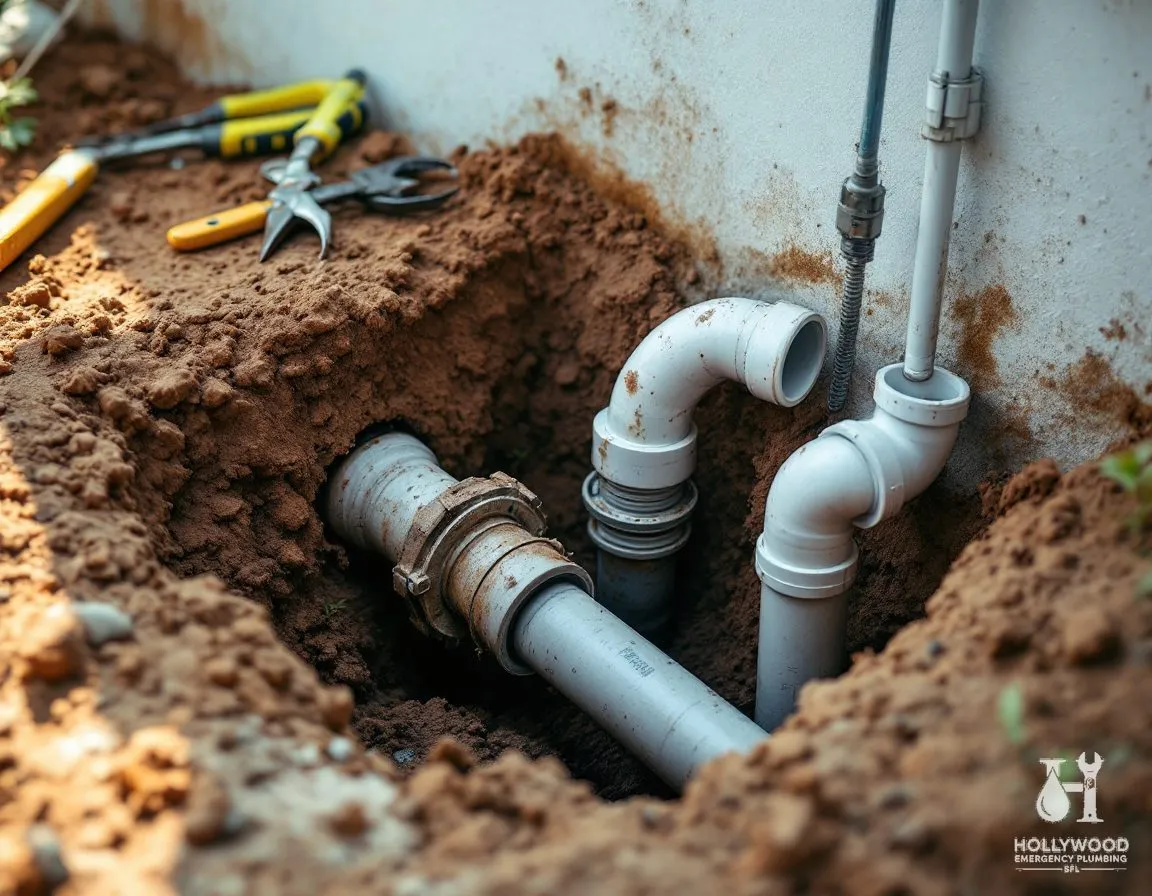 An open trench beside a home foundation exposing a section of old cast iron drain pipe next to new PVC fittings staged for connection