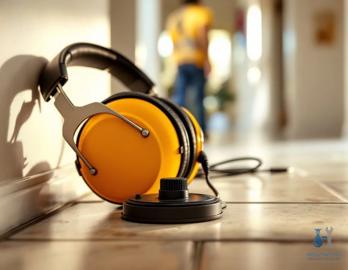 Acoustic leak detection headphones and a ground microphone disc resting on a tile floor in a bright hallway