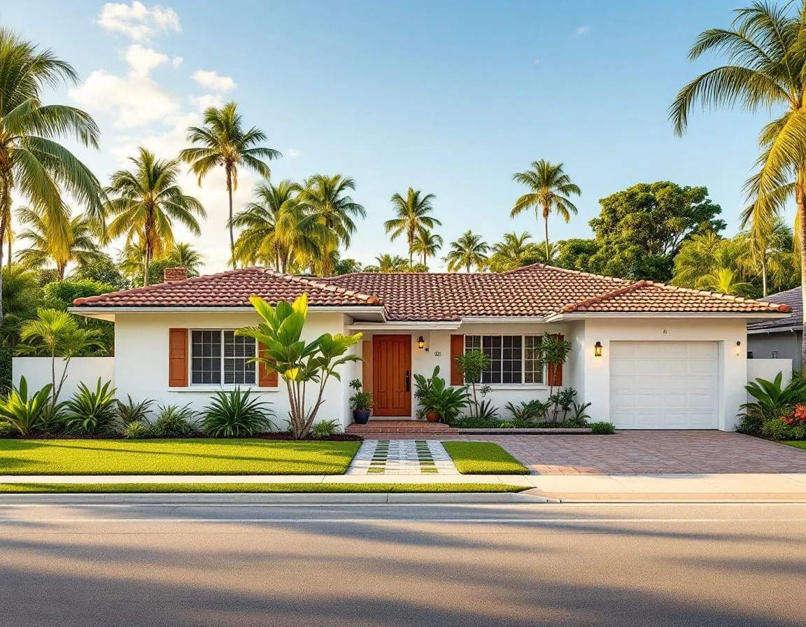 A mid-century single-story South Florida home with a terracotta tile roof and tropical landscaping in warm afternoon light