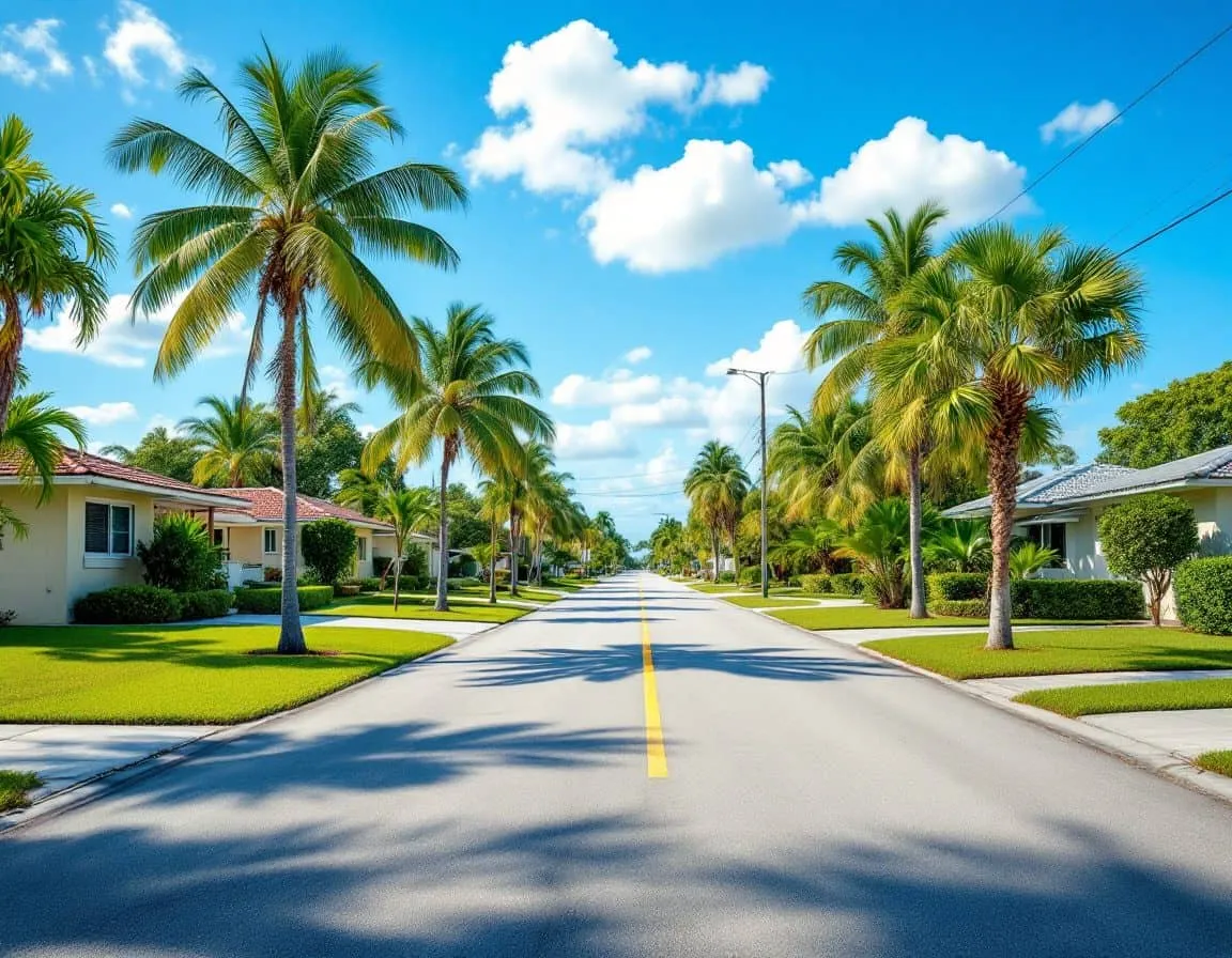 A quiet South Florida residential street lined with mid-century single-story homes and palm trees