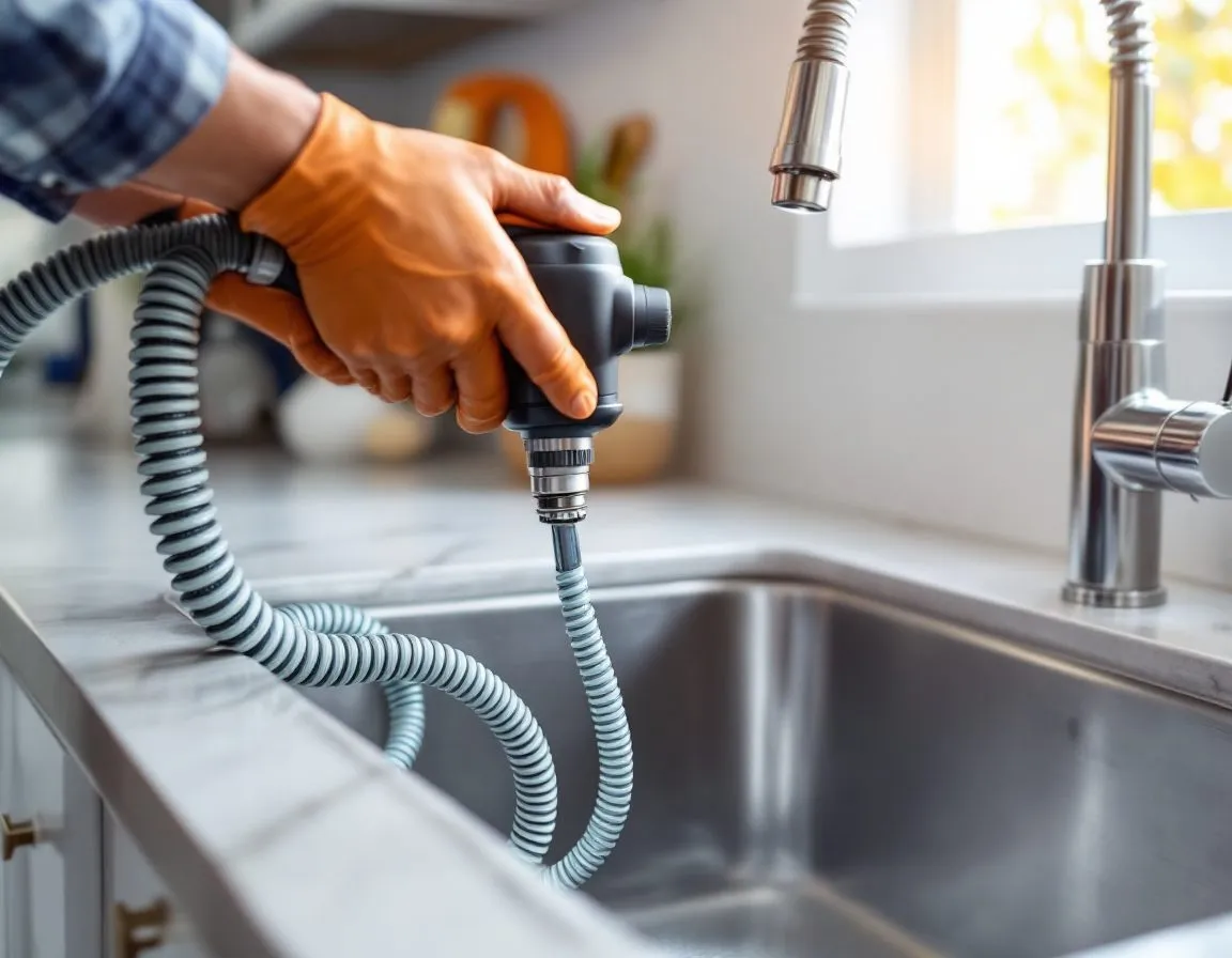 A plumber clearing a kitchen sink drain with a mechanical snake