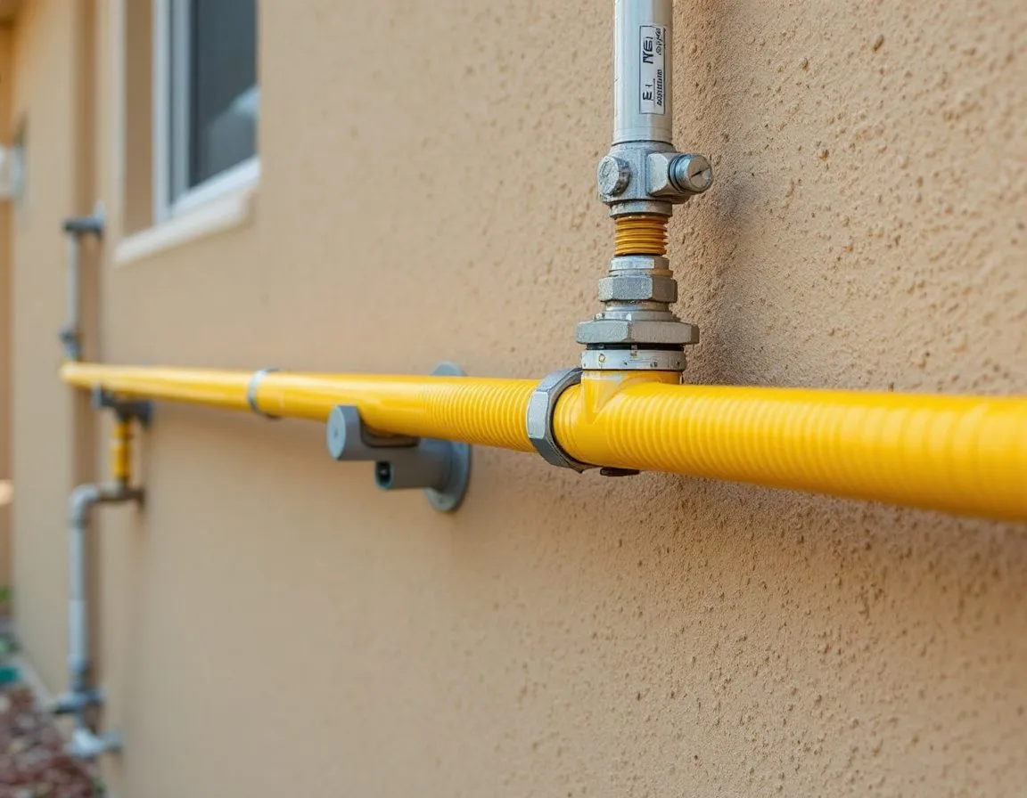 A gas line connection being fitted behind a residential range