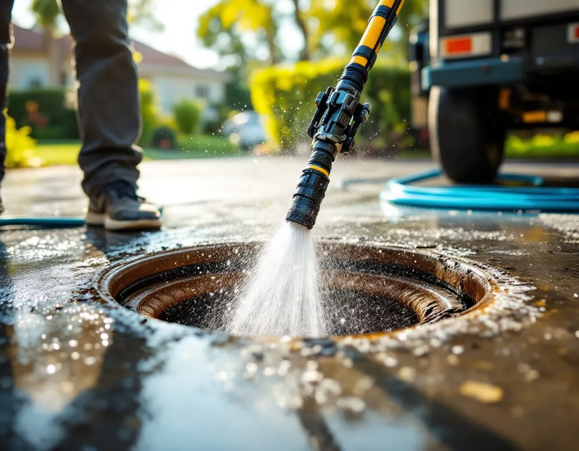 A hydro jetting hose being fed into a sewer cleanout