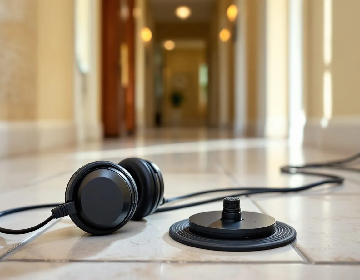 A plumber using electronic listening equipment to trace a pipe under a concrete slab