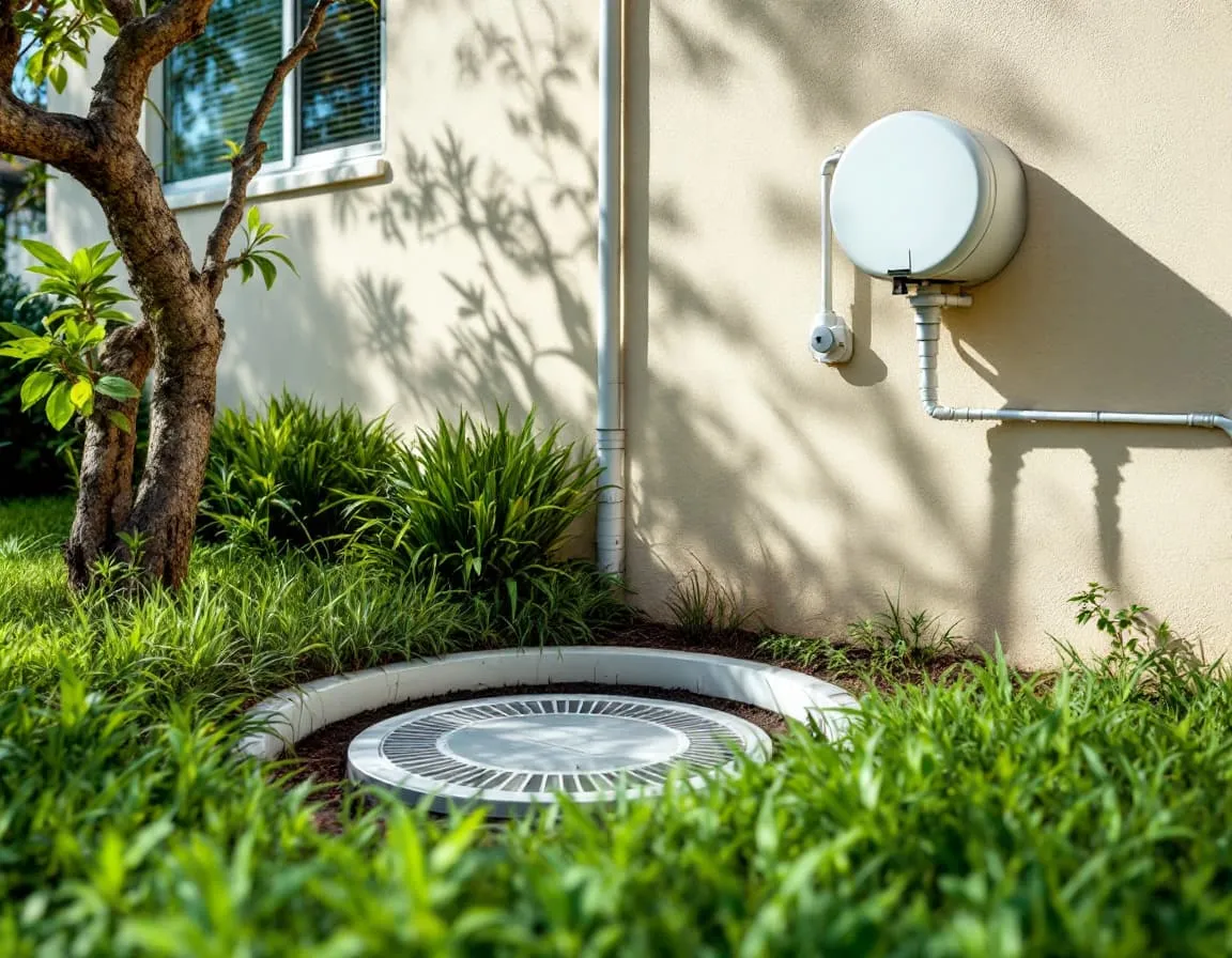 Access covers over a residential septic tank in a grass yard