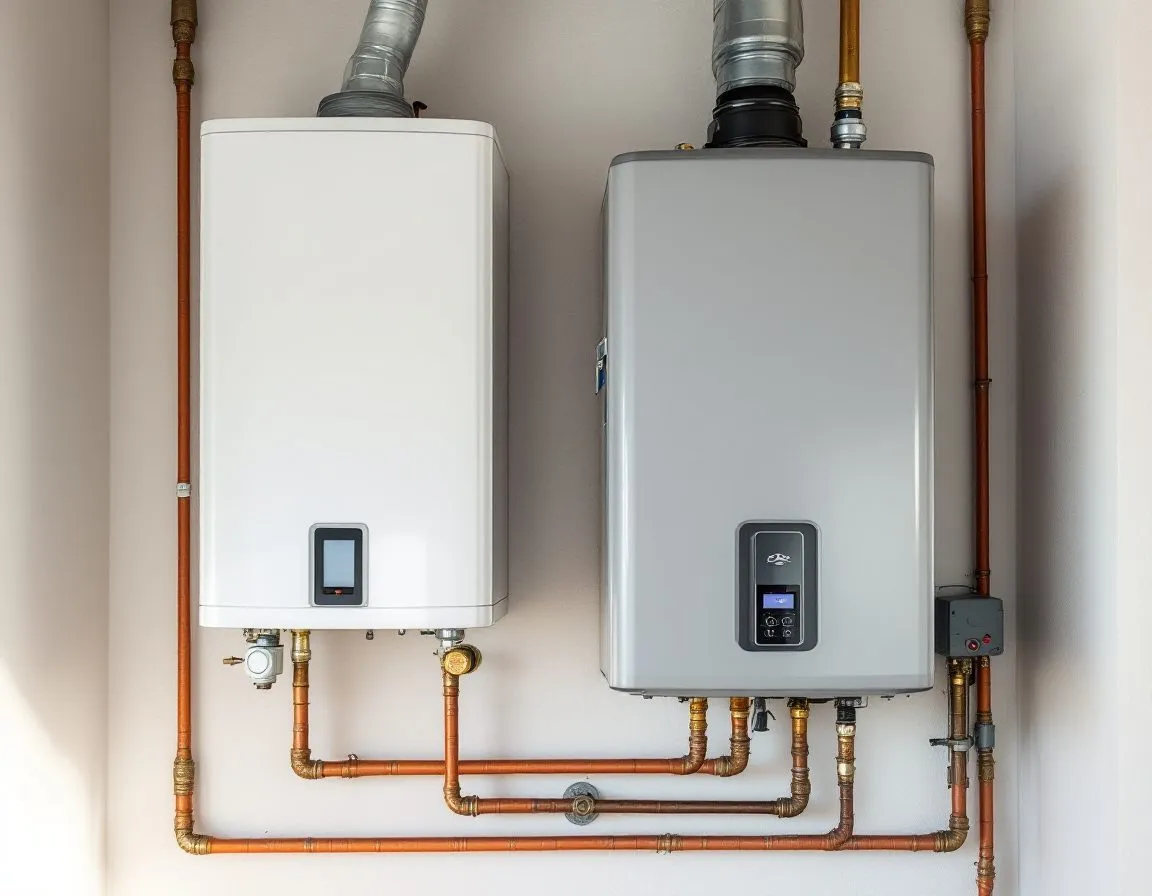 A plumber checking the thermostat panel on the side of a residential water heater